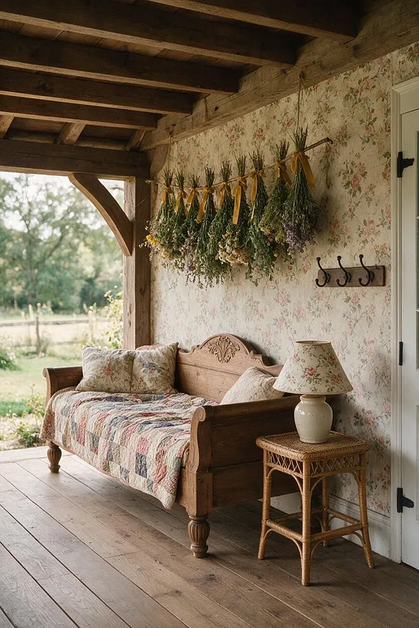 A cozy front porch styled in cottagecore with a carved wooden settee topped by floral pillows and a patchwork quilt. Floral wallpaper covers the wall behind dried herb bundles tied with ribbon, and a rattan side table holds a ceramic lamp beside a simple coat hook rack.
