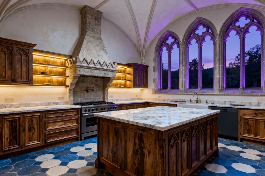 A Gothic-style kitchen features a ribbed vaulted ceiling, a carved stone range hood over a stainless professional range, and warm backlit open wood shelves flanked by walnut cabinets with pointed-arch detailing. A thick marble-topped island matches the perimeter counters above a navy, slate, and cream hexagon tile floor, while tracery arched windows glow violet at dusk beside a white apron-front sink with a brass faucet.
