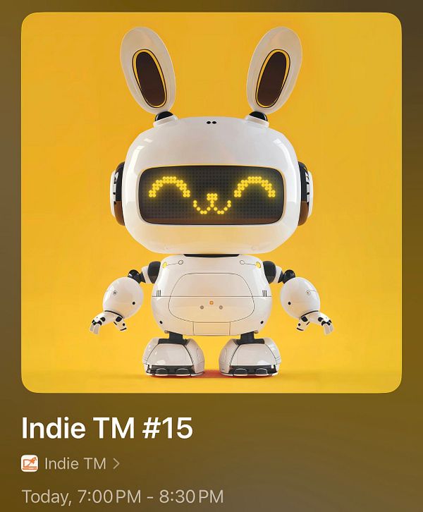 A promotional illustration for Indie TM #15 event featuring colorful characters and futuristic elements.