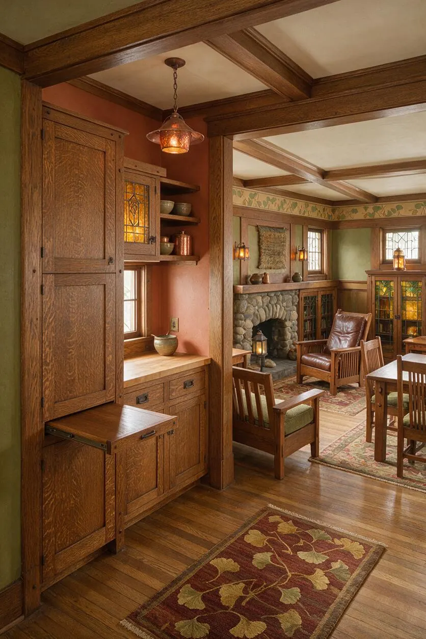 A Craftsman-style studio apartment interior with rich oak wood trim, built-in cabinetry, and warm earthy walls. The space features a stone fireplace, leather lounge chair, stained glass cabinet doors, hardwood floors, and soft amber pendant lighting.