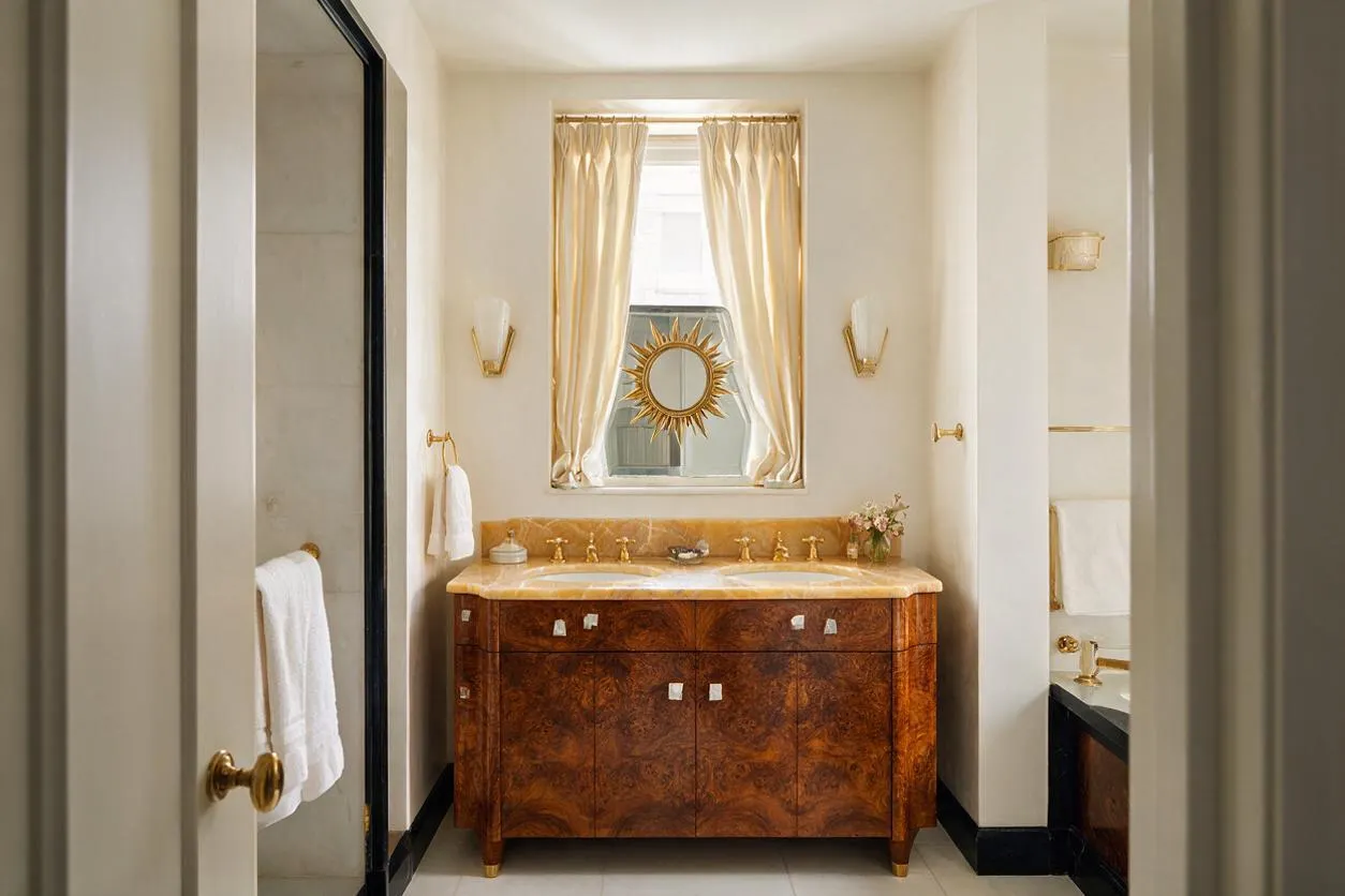 A compact master bathroom with a rich burl-wood vanity topped in warm stone, centered beneath a window with sheer curtains and a gold sunburst mirror. Brass fixtures, black trim, and cream walls create a refined Art Deco look with luxurious contrast.