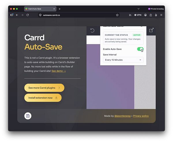 Screenshot of the Carrd Auto-Save plugin website showcasing its features and sign-up section.