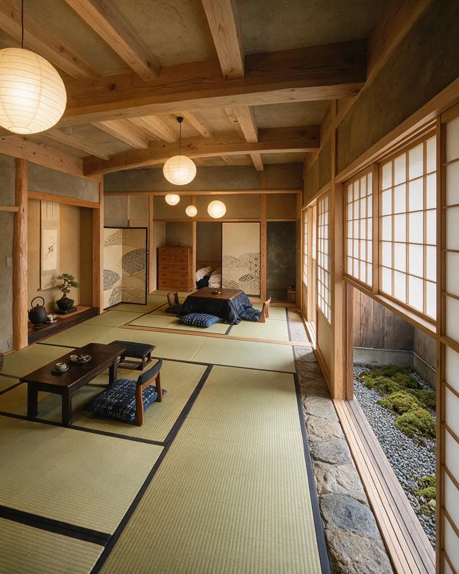 A serene Japanese Zen basement with tatami mat flooring, low wooden tables, floor cushions, and paper lantern lights. Natural wood beams, shoji-style sliding screens, and a small rock garden outside the windows create a calm, minimalist atmosphere.