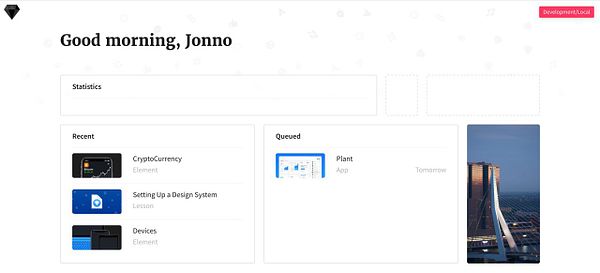 A dashboard interface displaying a personalized greeting and sections for recent activities and queued tasks.