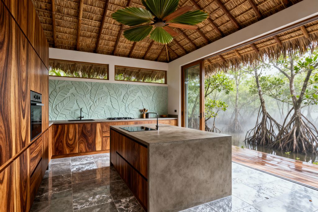 An open tropical kitchen with a thatched palm ceiling, richly grained wood cabinetry, and a concrete waterfall island. A mint-green, 3D leaf-pattern backsplash spans the back wall with a gas cooktop and matte-black faucet, while floor-to-ceiling sliding glass doors connect to a mangrove deck; gray stone floors and a palm-blade ceiling fan complete the airy, indoor-outdoor space.