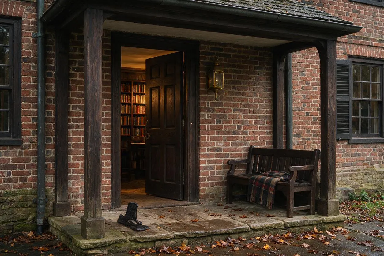 A dark academia exterior shows a weathered red brick entrance with a deep wooden porch, heavy timber posts, and a dark painted front door left open to reveal glowing bookshelves inside. A simple wooden bench with a plaid throw sits beside the doorway, adding to the scholarly, old-world atmosphere.