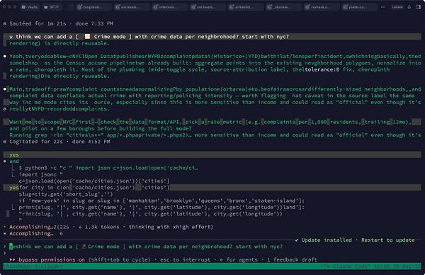 Screenshot of a New York City crime data dashboard and code editor focused on live data integration.