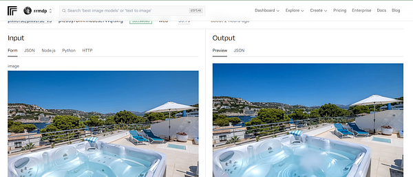 The image displays a user interface for an image processing tool showcasing an input and output section with a scenic view of a hot tub.