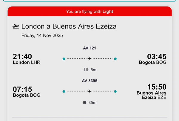 Flight itinerary from London to Buenos Aires with a layover in Bogotá.