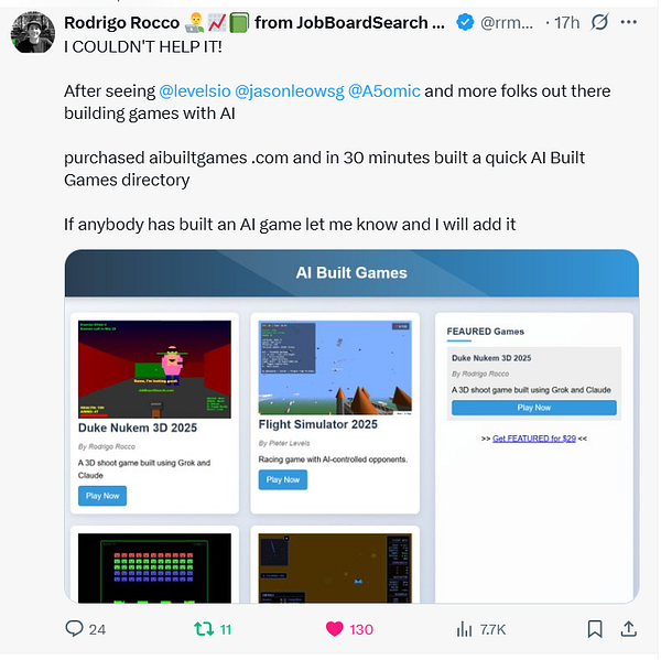 The image displays a webpage showcasing AI-built games with featured titles and descriptions.