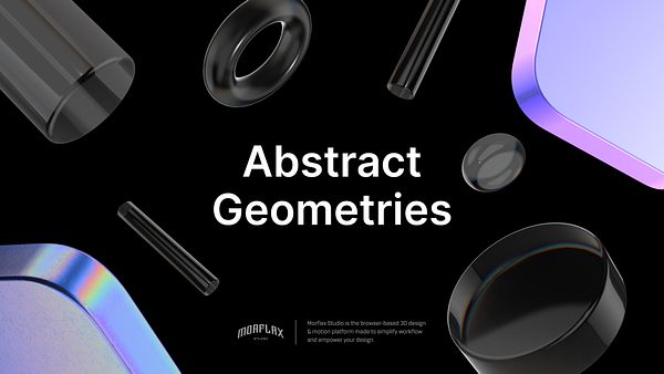 The image features a collection of abstract geometric shapes against a black background.