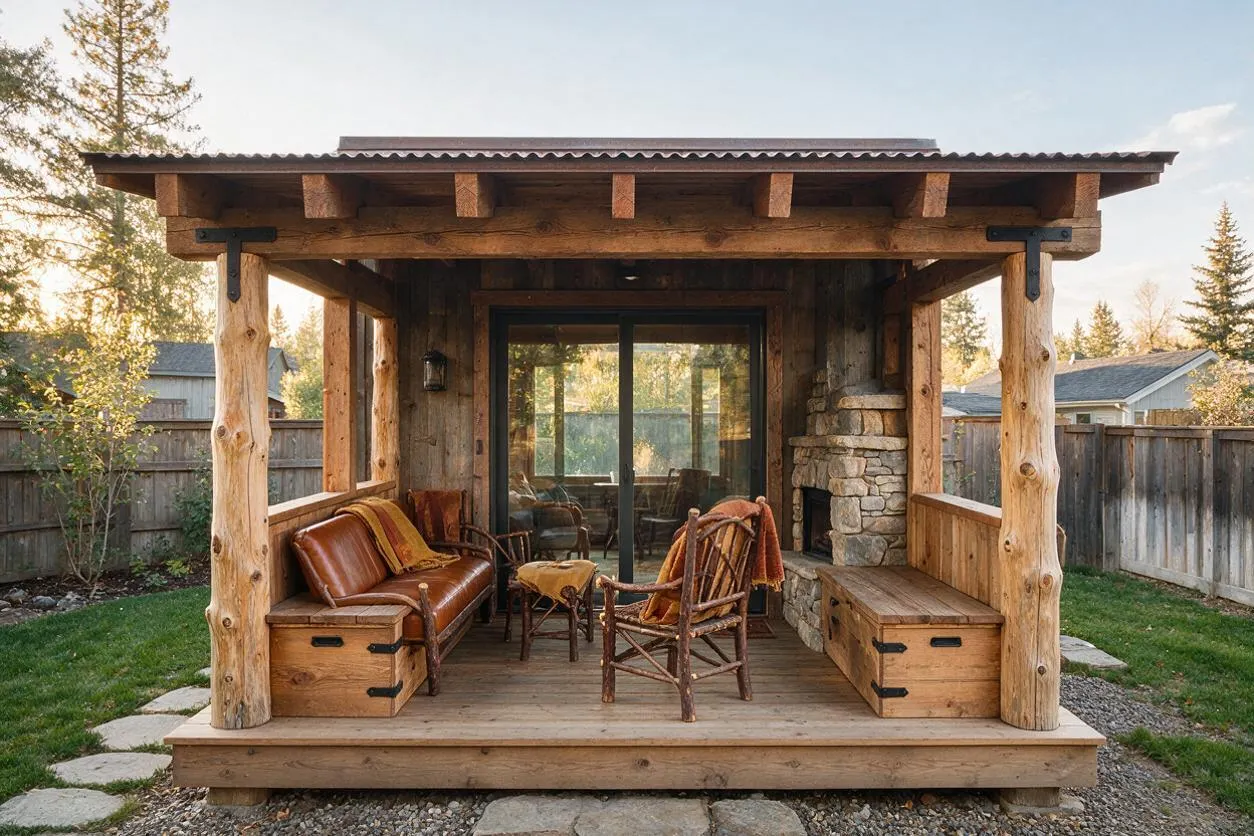 A cozy rustic backyard pavilion with thick log posts, a wood plank ceiling, and a corrugated roof. Inside are a leather sofa, twig-style chairs, wood storage benches, and a stone fireplace beside a sliding glass door, all set in a fenced yard with grass and trees beyond.