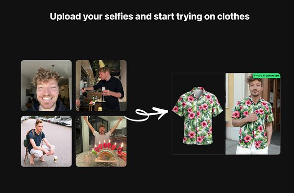 The image illustrates a virtual try-on feature for clothing using selfies.