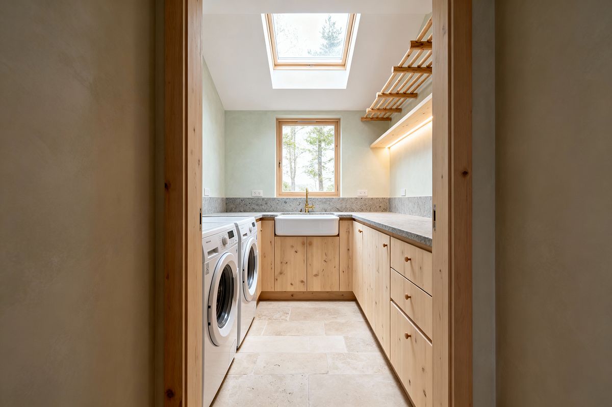 Room AI – Scandinavian Laundry with Pine Cabinets and Skylight