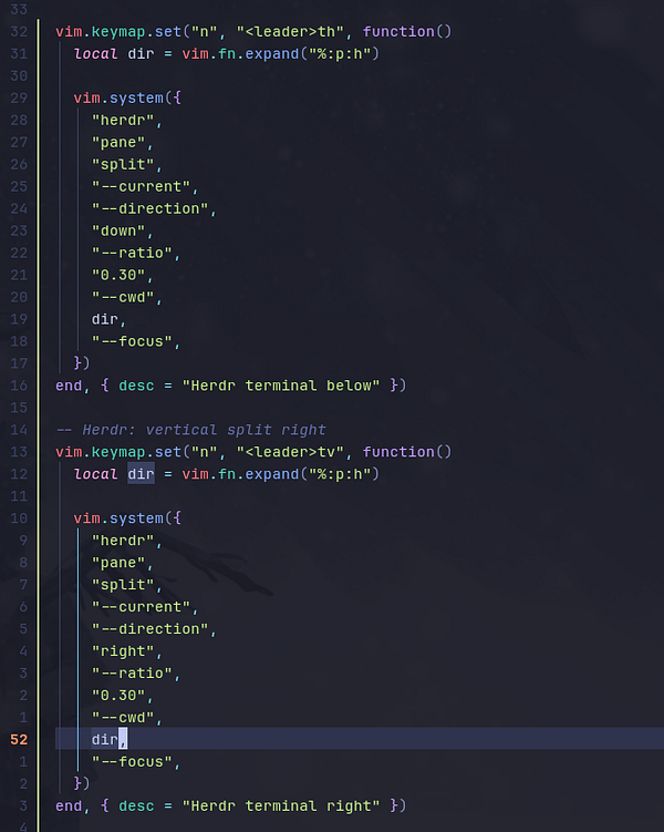Screenshot of a Neovim text editor with code configuration to split buffer windows horizontally and vertically.