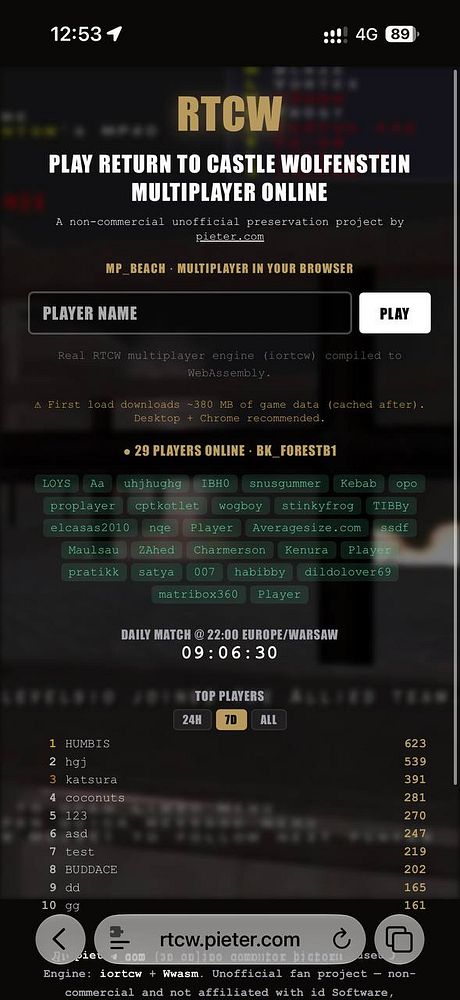 Webpage interface for playing Return to Castle Wolfenstein multiplayer online with player names and top players list.