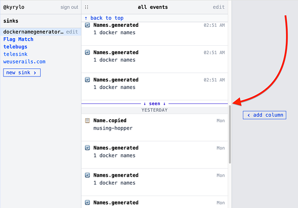 Screenshot of the Telesink web interface displaying an event log and a 'seen' progress bar in a messaging-style layout.
