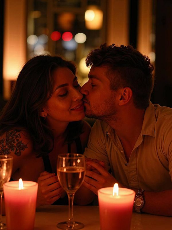 A romantic moment between a couple is captured in a dimly lit setting with candles.