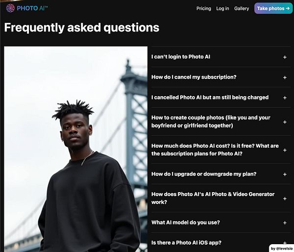 A young man stands confidently in front of a bridge, with a list of frequently asked questions about Photo AI displayed beside him.