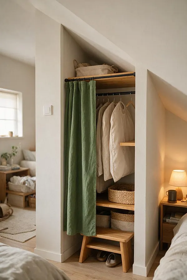 A small built-in closet in a Japandi-inspired bedroom with a sage green linen curtain, beige hanging garments, woven storage baskets, and light wood shelves. Warm bedside lamp light softens the white walls and natural wood floor, creating a calm, minimalist atmosphere.