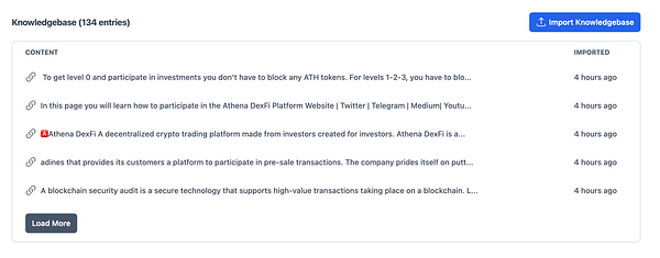 The image displays a knowledgebase interface with a list of entries and an import button.