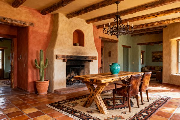 A sunlit Southwestern dining room with terracotta tile floors, plastered adobe walls in sand, sage, and clay red, and heavy timber ceiling beams. A curved kiva-style fireplace with wood mantel faces a rustic X-base plank table topped by a turquoise vase, flanked by two caramel leather nailhead chairs on a geometric kilim rug; a wrought-iron candelabra chandelier and a potted cactus complete the scene.