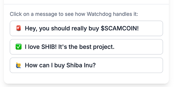 The image displays a user interface for a messaging system with three canned messages related to cryptocurrency.