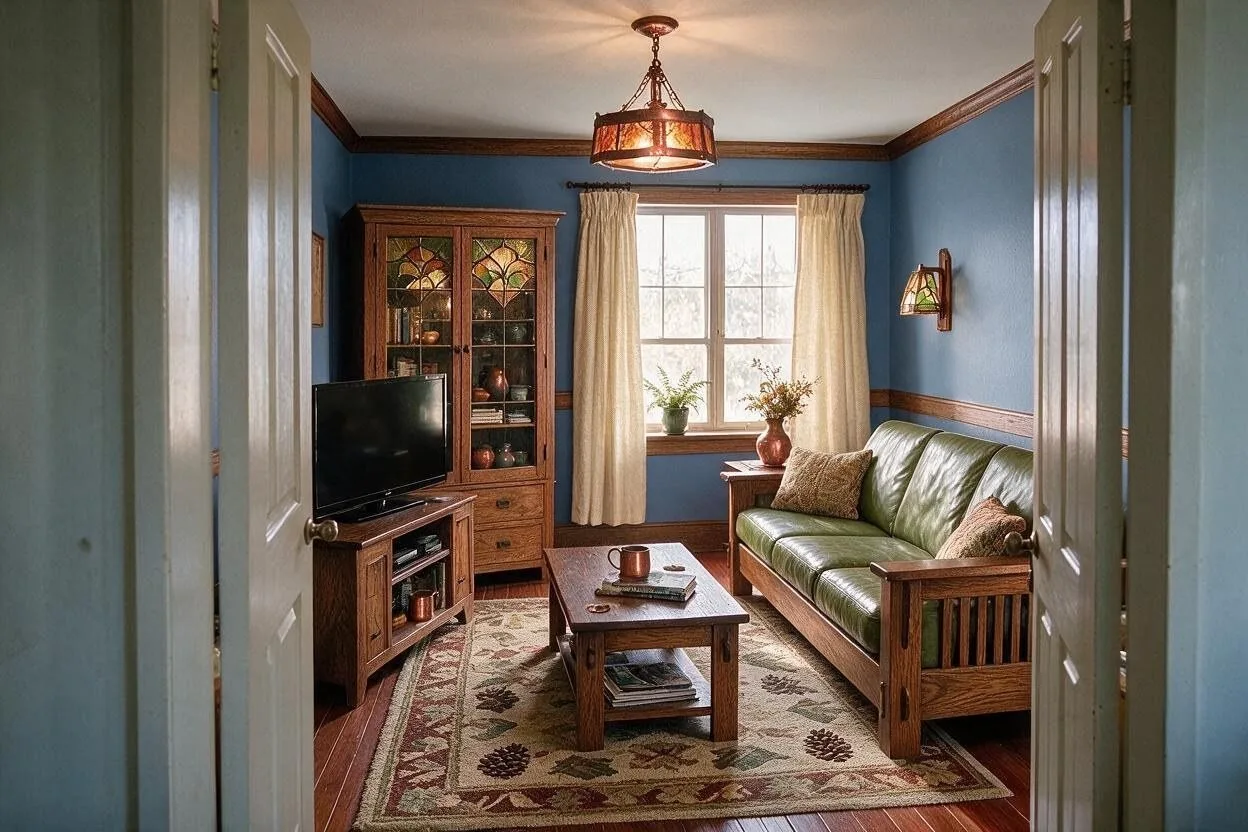 The same Craftsman living room in the Arts and Crafts Blue palette: slate blue, moss, dark oak, oatmeal, and copper