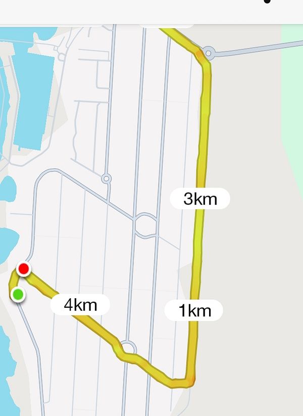 A running route map displaying a completed 4 km run with pace markers.