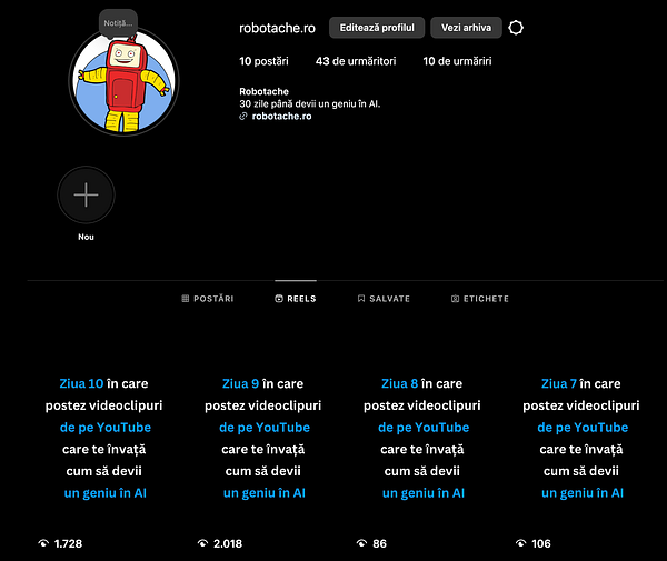 The image displays an Instagram profile page for 'robotache.ro' with various engagement metrics and post descriptions.