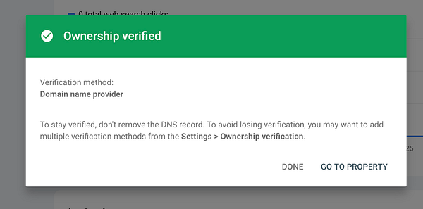 The image displays a confirmation message indicating successful ownership verification in Google Search Console.