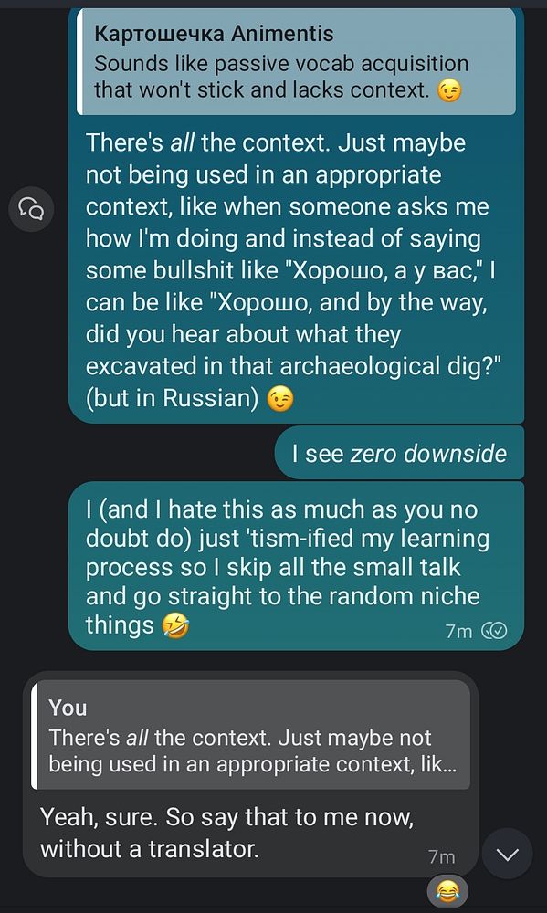 A conversation about unconventional methods of learning Russian, featuring humorous exchanges between two individuals.