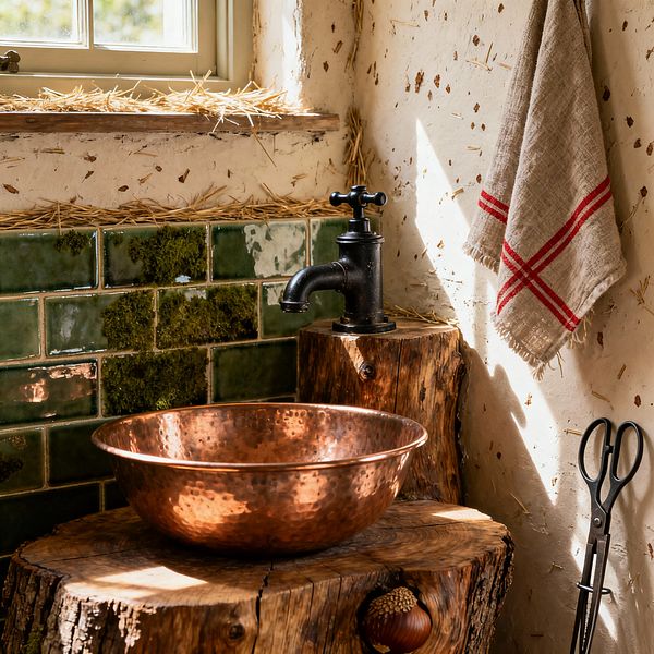 A close-up rustic laundry sink vignette shows a hammered copper bowl resting on a cut tree-stump counter, with a matte black vintage faucet mounted on a second stump. A green glazed subway-tile backsplash includes mossy patches, set against rough off-white plaster walls with visible straw. Sunlight from a small window with a natural ledge illuminates a red-striped linen towel and metal scissors leaning nearby.