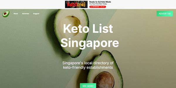 The image displays a website homepage for 'Keto List Singapore' featuring a light grey top banner and an avocado graphic.