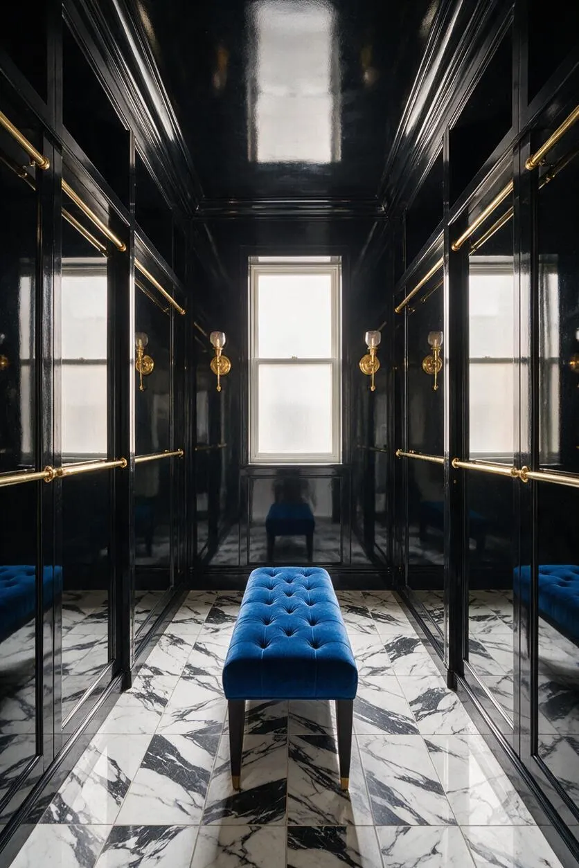 A narrow Hollywood Regency closet with glossy black mirrored cabinetry, polished brass hanging rods and wall sconces, and a blue velvet tufted bench centered on a black-and-white marble floor. A window at the far end brings in soft natural light, enhancing the dramatic, luxe atmosphere.