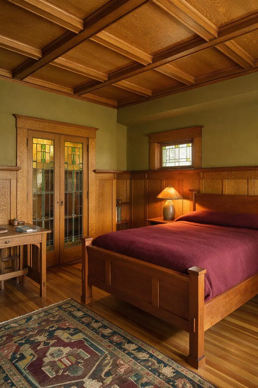 A Craftsman-style master bedroom with a coffered wood ceiling, paneled walls, and a stained wood bed dressed in a deep burgundy coverlet. A small bedside lamp glows against the wood trim, while a stained-glass door, matching wood desk, and patterned area rug add warmth and character.