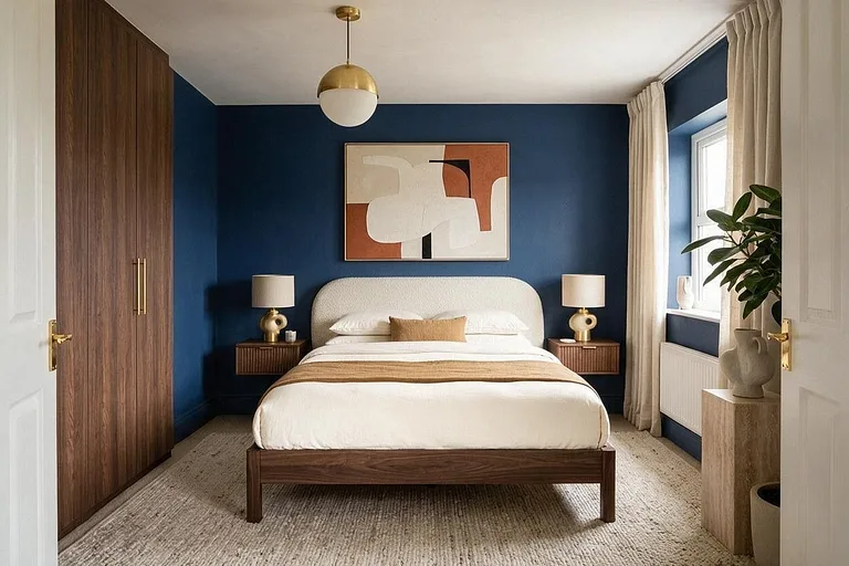A Modern bedroom in the Navy Bedroom palette: navy blue, ivory, camel, walnut, and brass