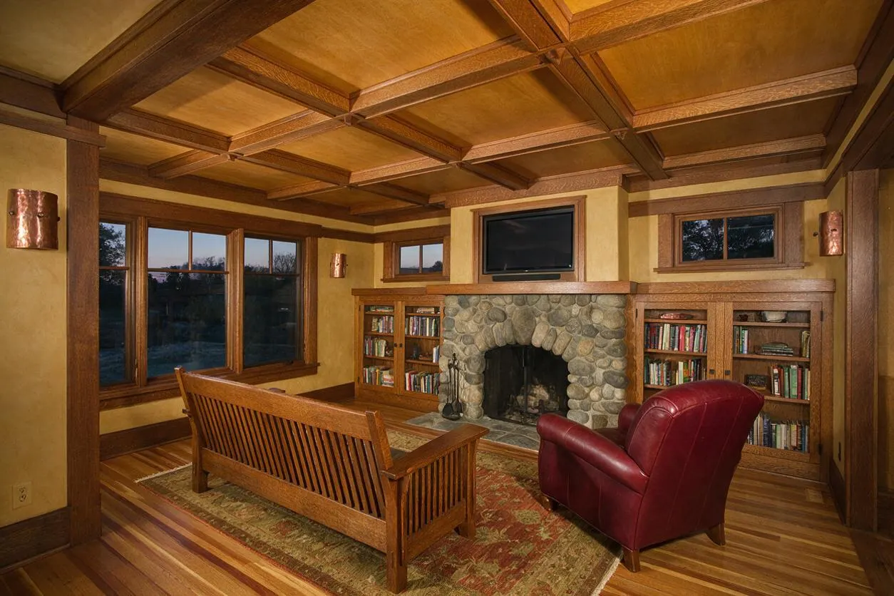 A Craftsman-style media room with a coffered wood ceiling, built-in bookshelves, and a central stone fireplace topped by a wall-mounted TV. A slatted wood sofa and burgundy leather chair sit on a patterned rug, with large wood-trimmed windows bringing in natural light.