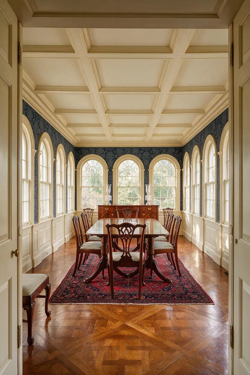 A traditional sunroom or dining room features arched windows on three sides, blue patterned wallpaper, and a coffered cream ceiling. In the center sits a polished wooden dining table surrounded by carved wood chairs on a red oriental rug, with a matching sideboard at the far wall.
