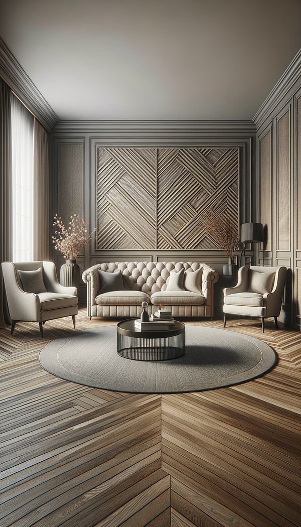 An elegantly furnished living room with twill-upholstered armchairs and a matching twill sofa, showcasing the fabric's diagonal weave and texture.