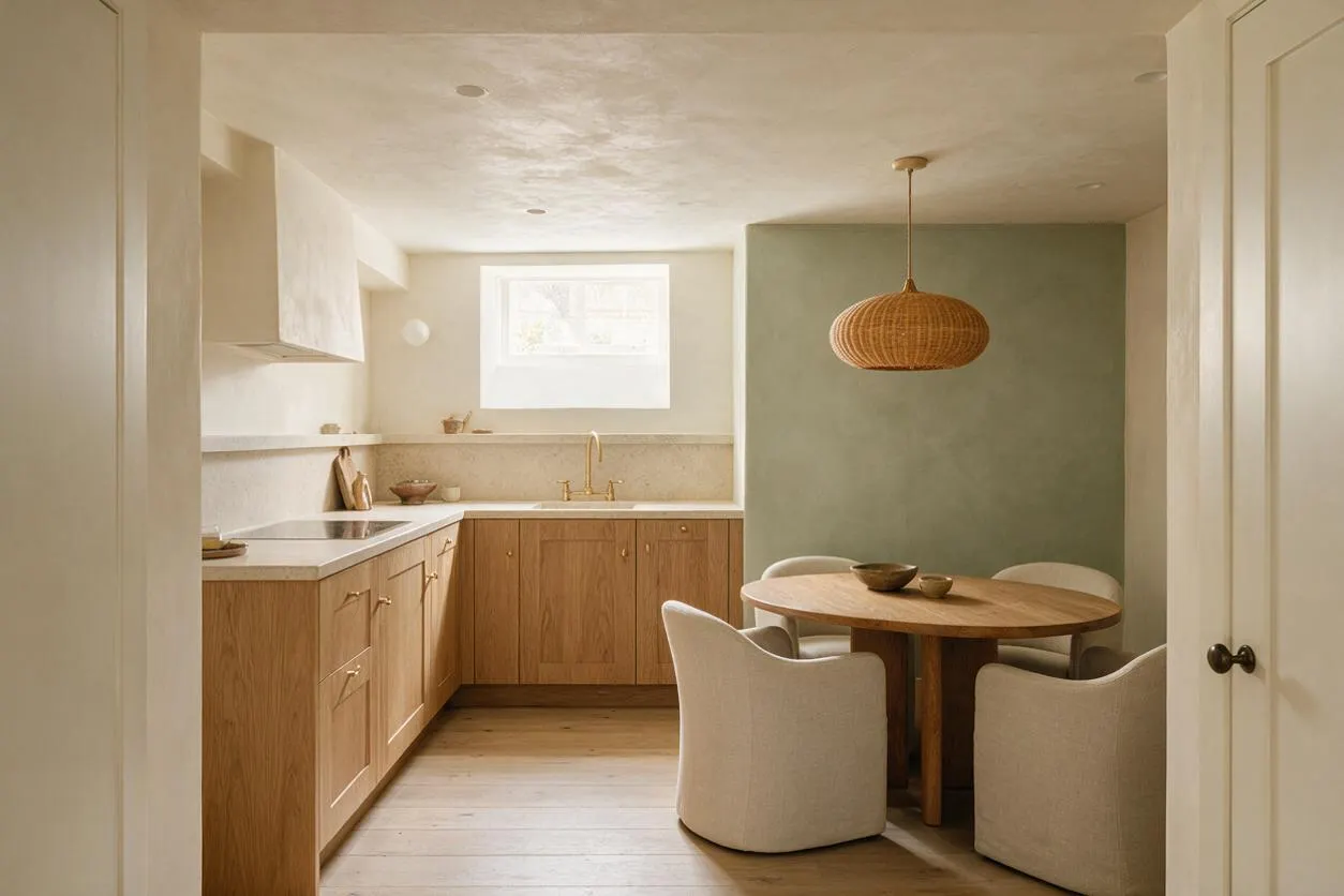 A softly lit basement kitchen and dining nook with natural wood lower cabinets, a pale stone countertop, and a round wooden table surrounded by curved upholstered chairs. A woven pendant light hangs above the table, and a muted sage accent wall adds warmth to the otherwise light, neutral space.
