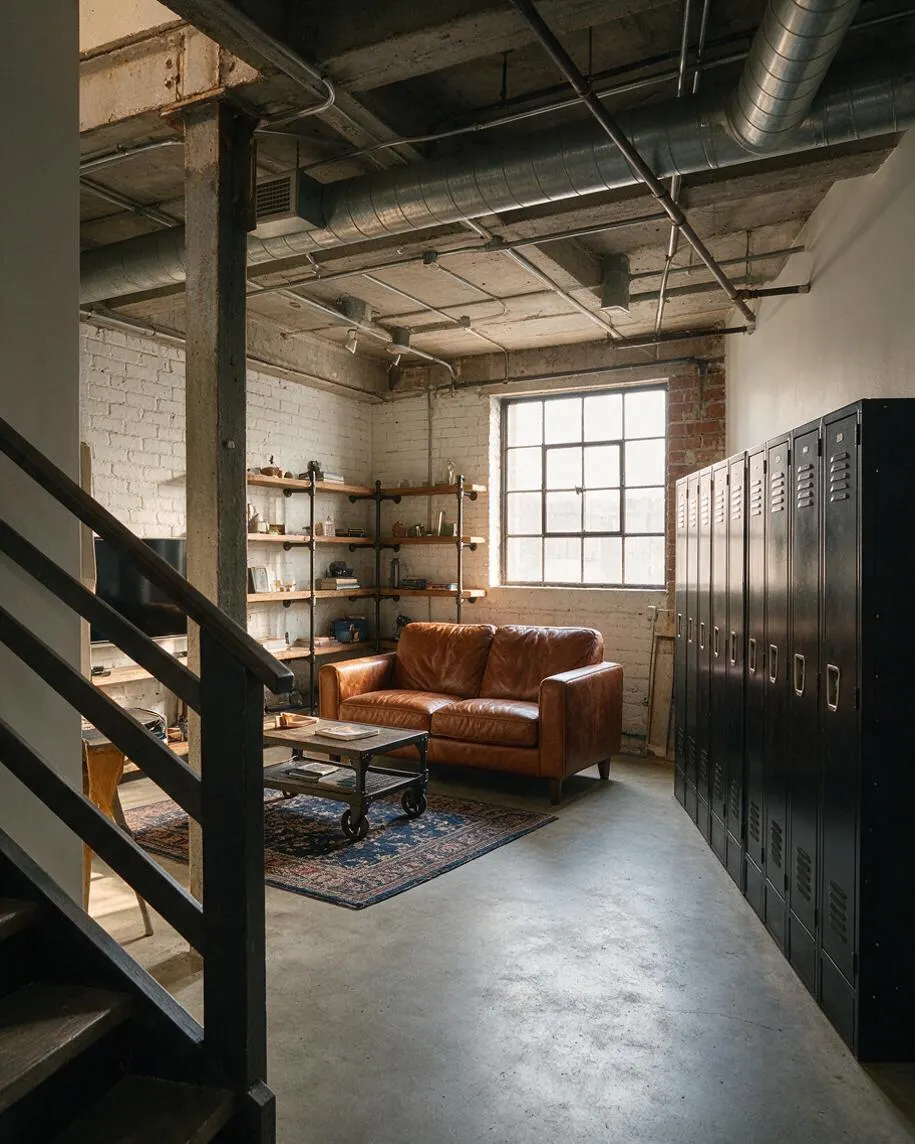 An industrial basement lounge with exposed ductwork, concrete floors, white-painted brick walls, and a large multi-pane window. A brown leather sofa sits on a patterned rug beside a metal coffee table, with black lockers lining one wall and open wood-and-metal shelving in the corner.