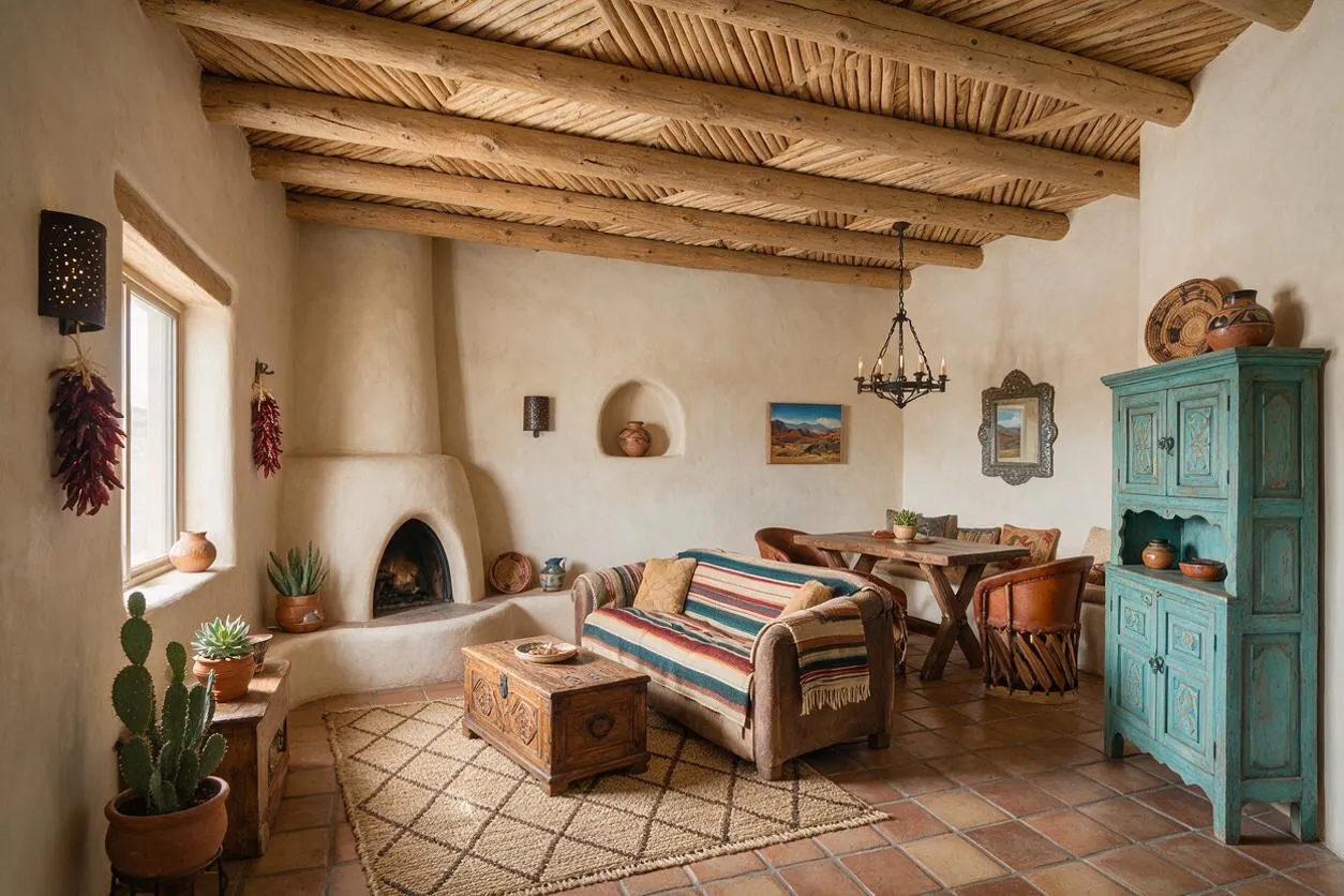 A cozy Southwestern-style studio apartment with white adobe walls, exposed wooden ceiling beams, terracotta tile flooring, and a curved plaster fireplace. The space includes a striped upholstered sofa, a carved wooden coffee table, a rustic dining nook, potted cacti, woven accents, and a turquoise cabinet that adds a bright focal point.