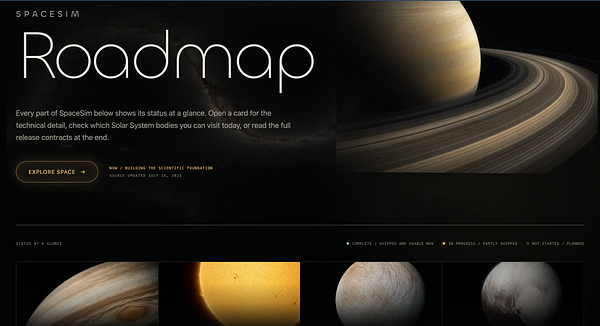 A detailed visual roadmap for SpaceSim outlining current and future development stages with dates and features.