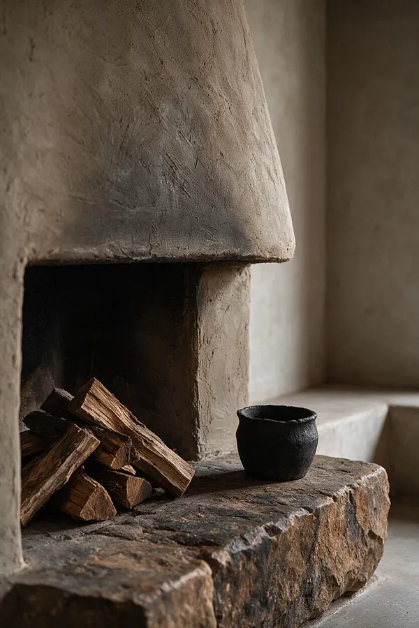 A Wabi-Sabi style fireplace vignette with a rough earthen plaster surround, stacked firewood inside the hearth, and a small matte black handmade vessel resting on a stone ledge. The space uses muted beige, brown, and charcoal tones with soft natural light highlighting the tactile surfaces.