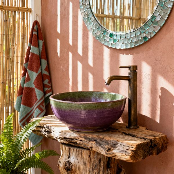 A bohemian bathroom vignette shows a live-edge wood vanity supporting a green-to-plum ceramic vessel sink with an aged brass faucet. Above hangs a round mirror framed in pale aqua sea-glass mosaic tiles. The wall is textured terracotta plaster, with sunlight casting slatted shadows from nearby bamboo screens. A rust and turquoise geometric towel hangs to the left, and a lush fern sits below, creating a warm, relaxed, artisan feel with natural materials.