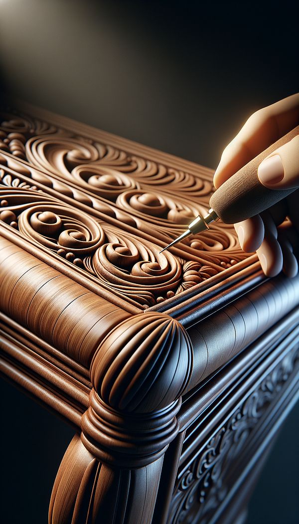 A close-up of a wooden furniture piece with intricate beading detail running along the edges, demonstrating the texture and elegance it adds to the item.