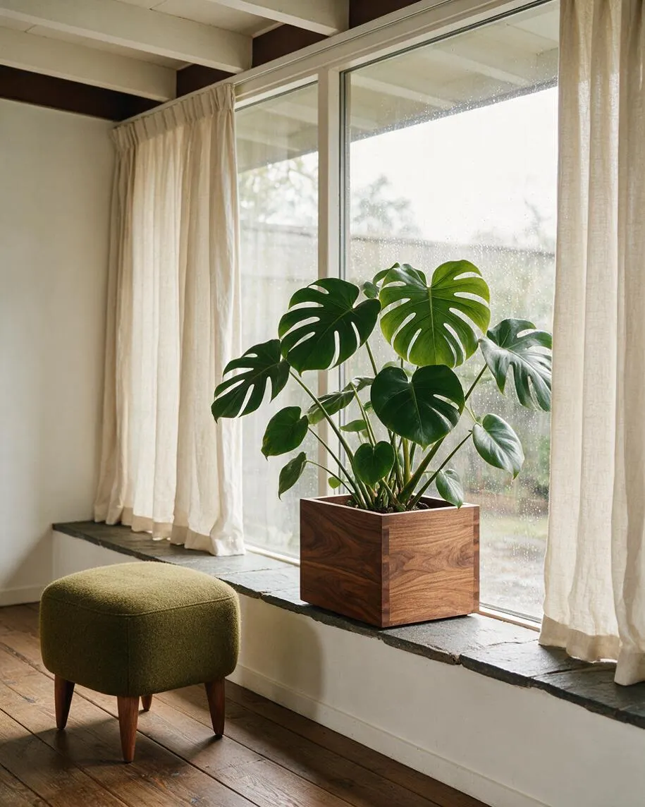 A bright mid-century modern corner with a large window dressed in sheer cream curtains, a walnut cube planter holding a leafy monstera, and a small moss green ottoman on warm wood flooring. Exposed ceiling beams and the stone window ledge add texture to the calm, natural space.