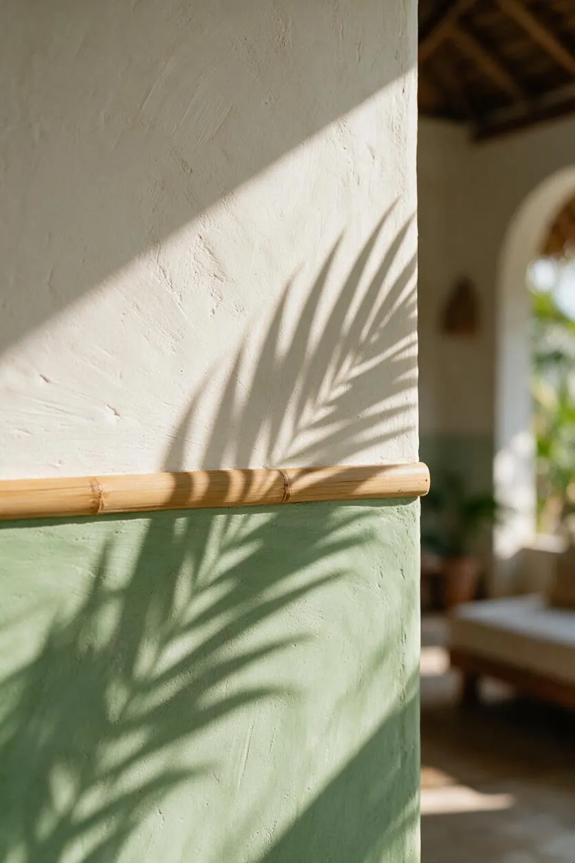 A sunlit tropical interior wall with a textured off-white upper section and soft sage-green lower section divided by a horizontal bamboo trim. Palm leaf shadows fall across the wall, with a blurred arched opening and natural furnishings in the background.