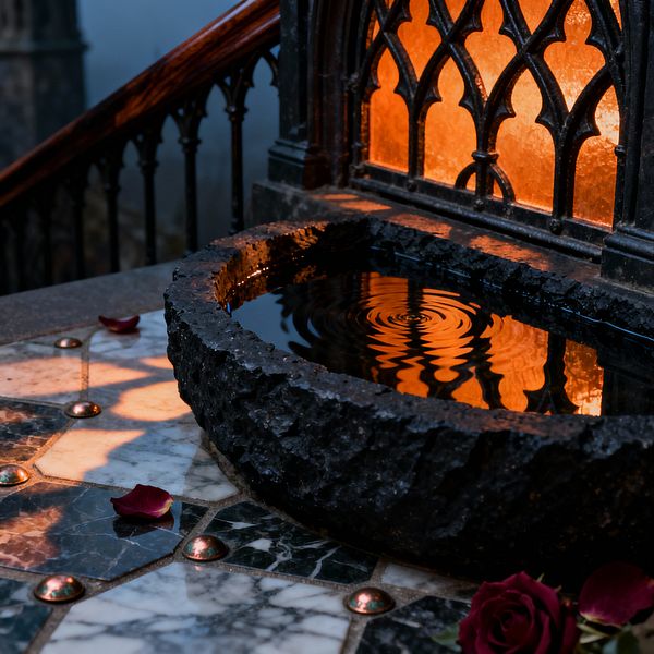 A close-up of a Gothic patio features a rough black stone water basin, with concentric ripples reflecting the warm amber glow of backlit pointed-arch iron tracery. The basin sits on a geometric marble mosaic in green, white, and charcoal set with small copper studs; a wrought-iron balustrade with a polished wooden handrail rises behind, while scattered red rose petals and a single rose contribute a romantic, moody atmosphere.